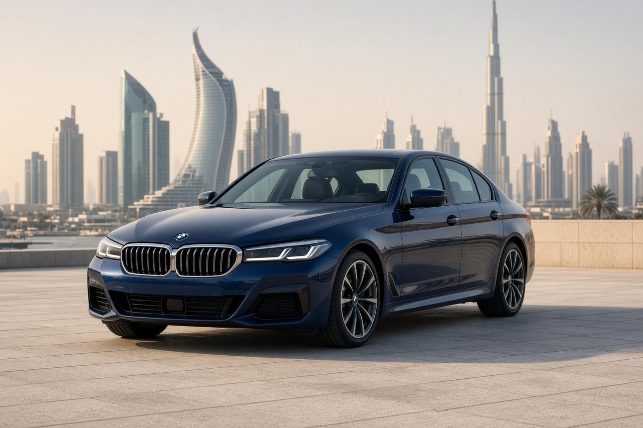 Dark blue BMW 5 Series on a Dubai plaza
