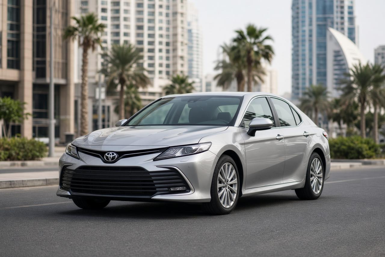 Silver Toyota Camry on a bright Dubai street