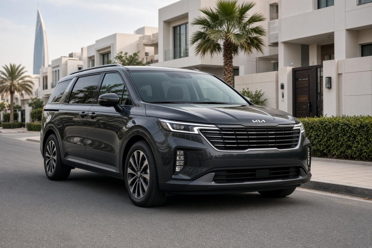 Graphite Kia Carnival on a residential street