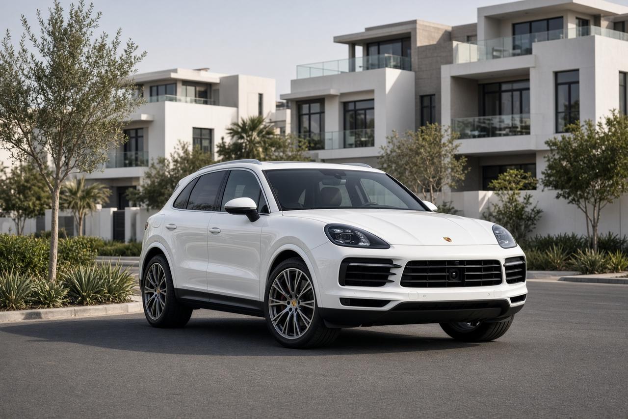 White Porsche Cayenne in Dubai Hills