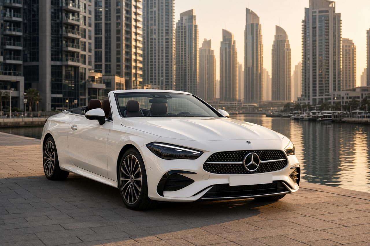 White Mercedes-Benz CLE convertible at Dubai Marina