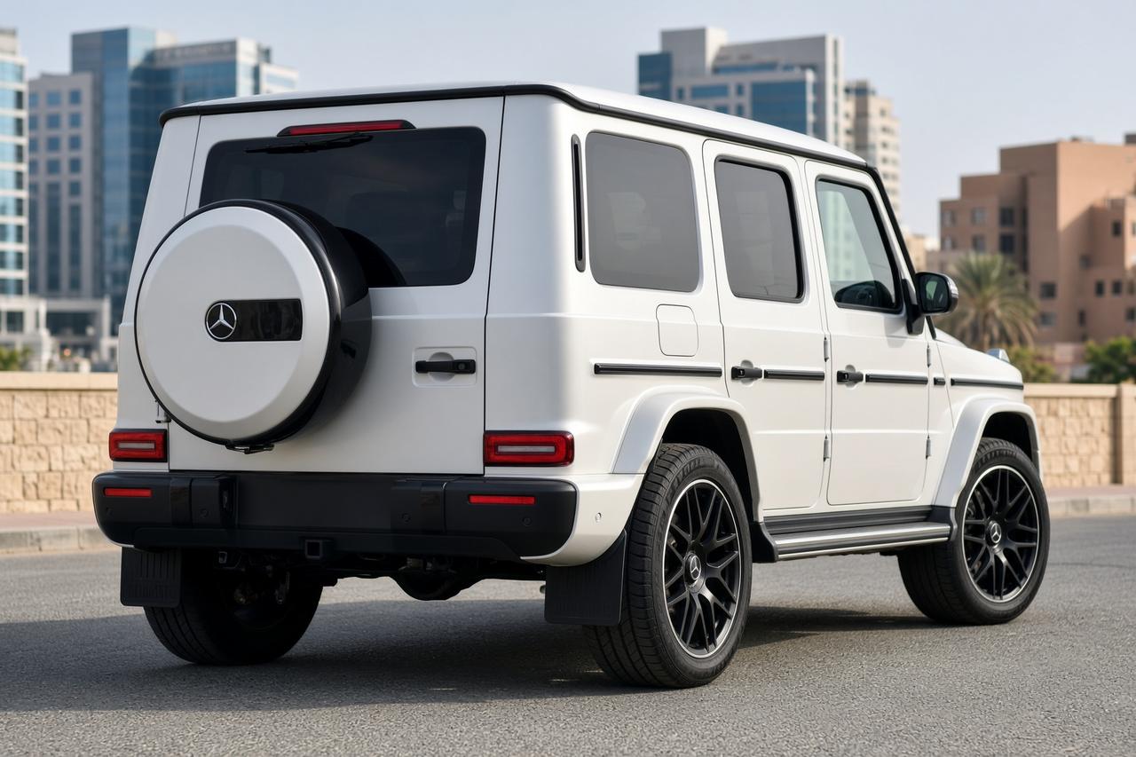Rear view of a white Mercedes-Benz G 63