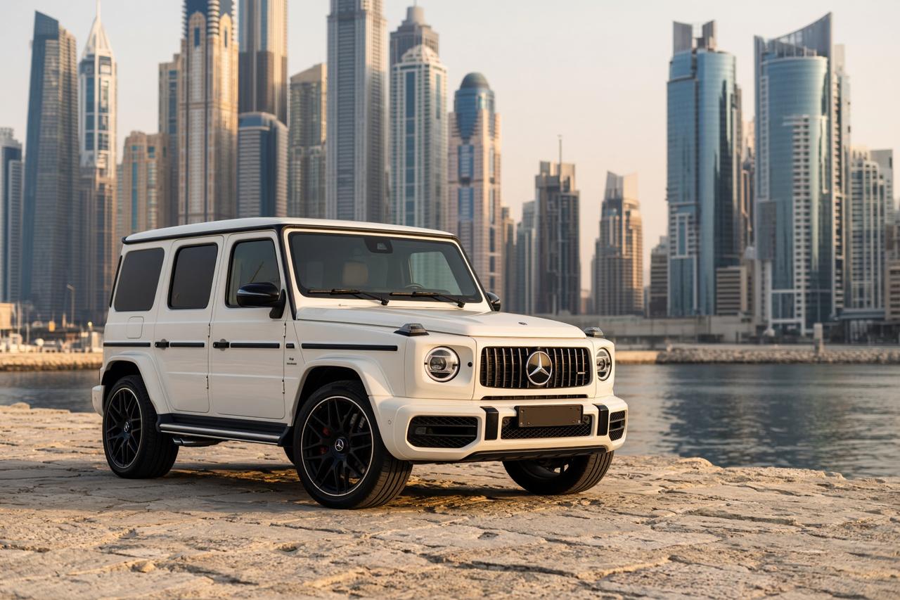 White Mercedes-Benz G 63 parked in Dubai Marina