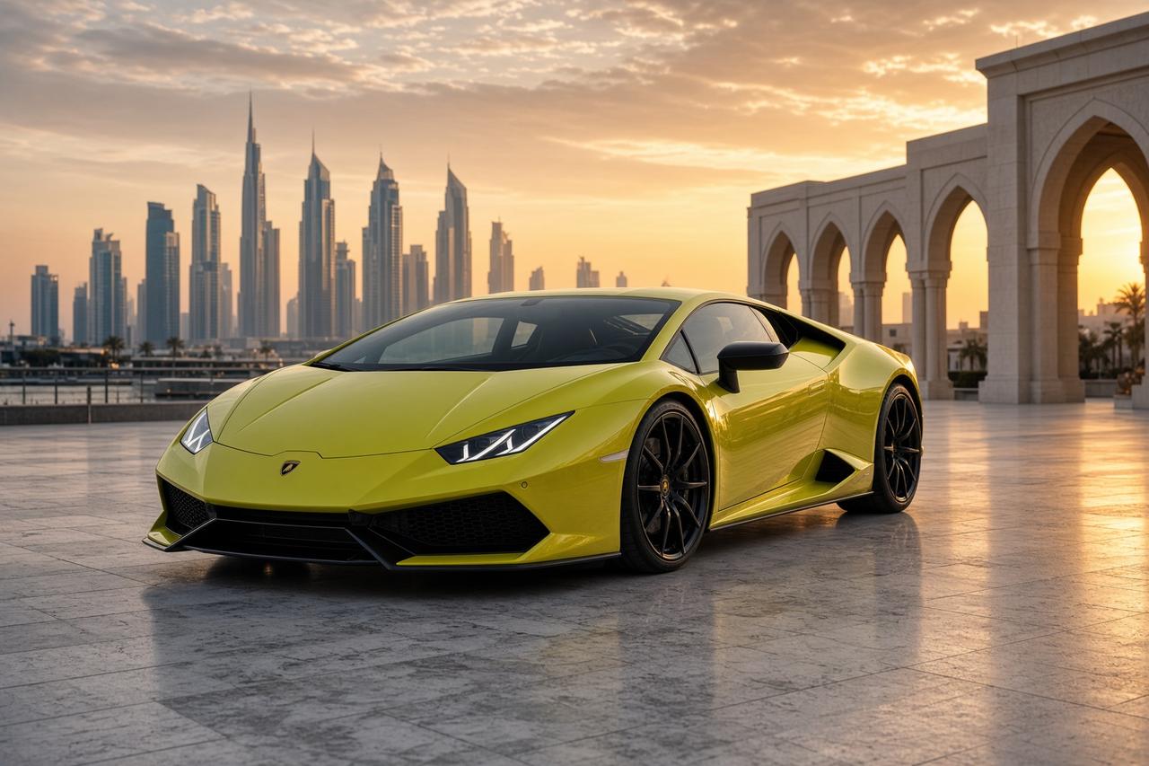Lamborghini Huracan on a Dubai plaza at sunset