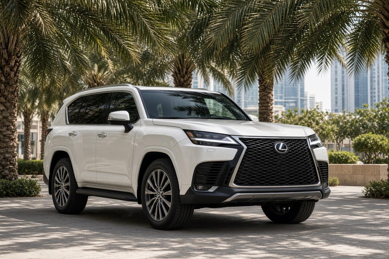 White Lexus LX under palms