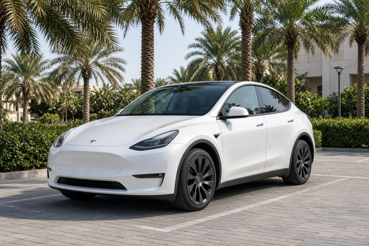 White Tesla Model Y among palms