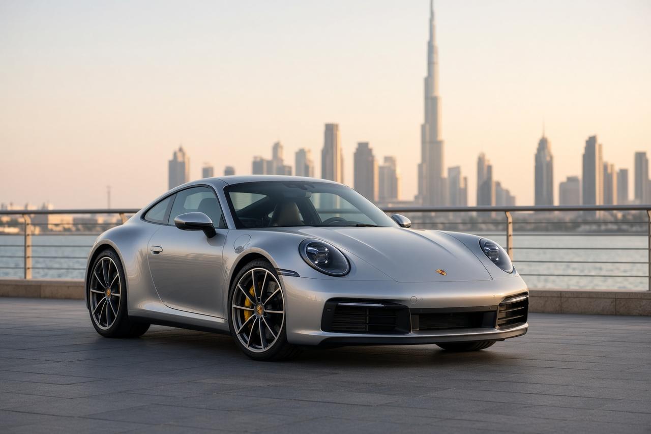 Silver Porsche 911 by the Dubai waterfront
