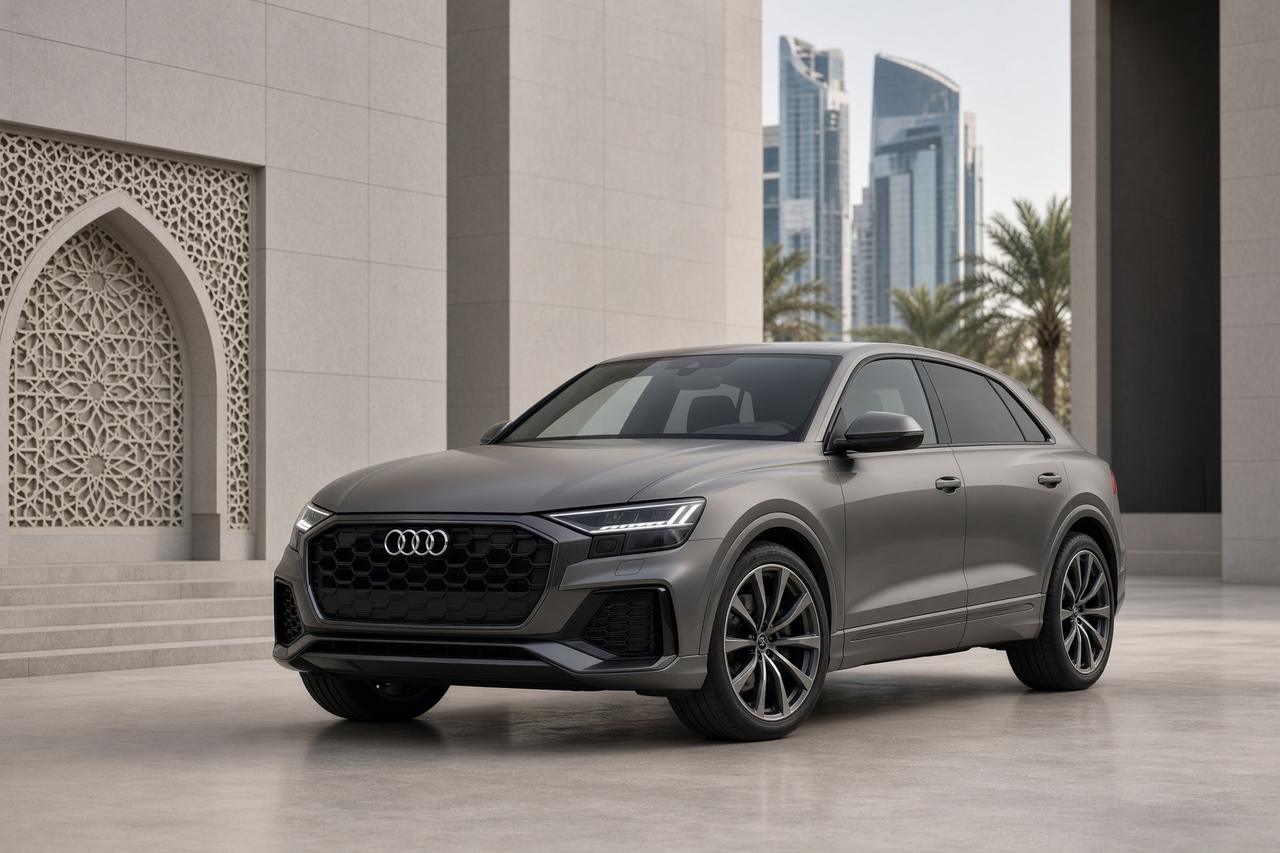 Grey Audi Q8 in a courtyard