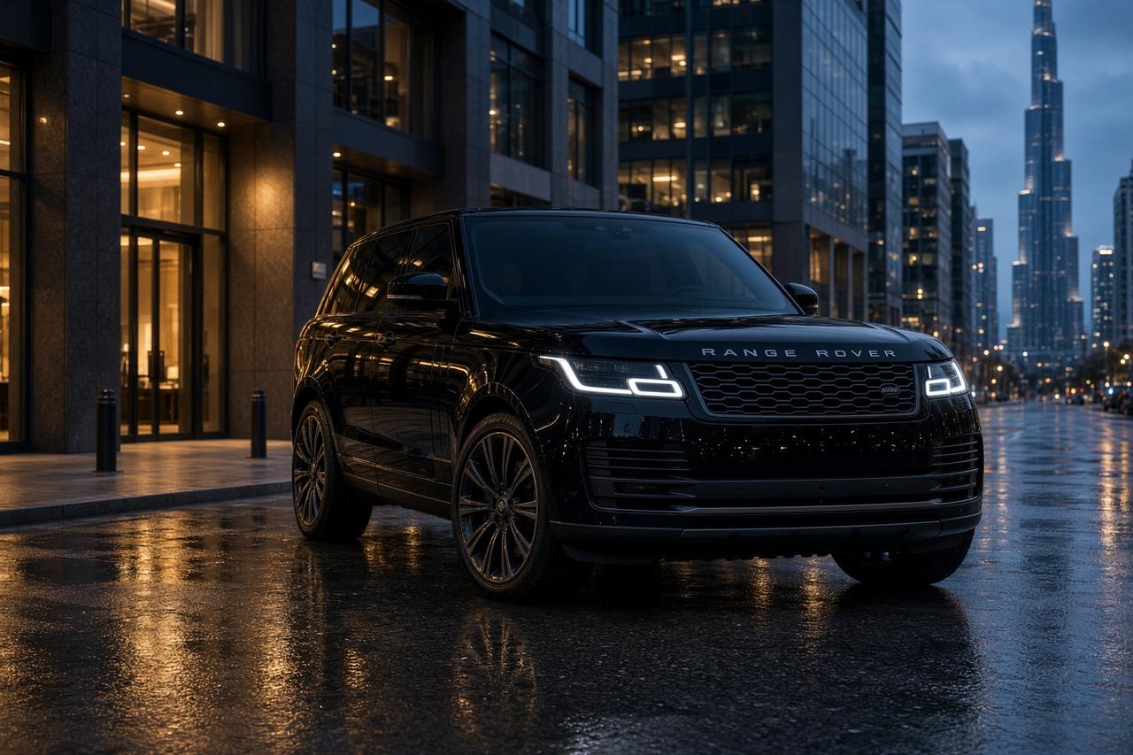 Black Range Rover on a Downtown Dubai street