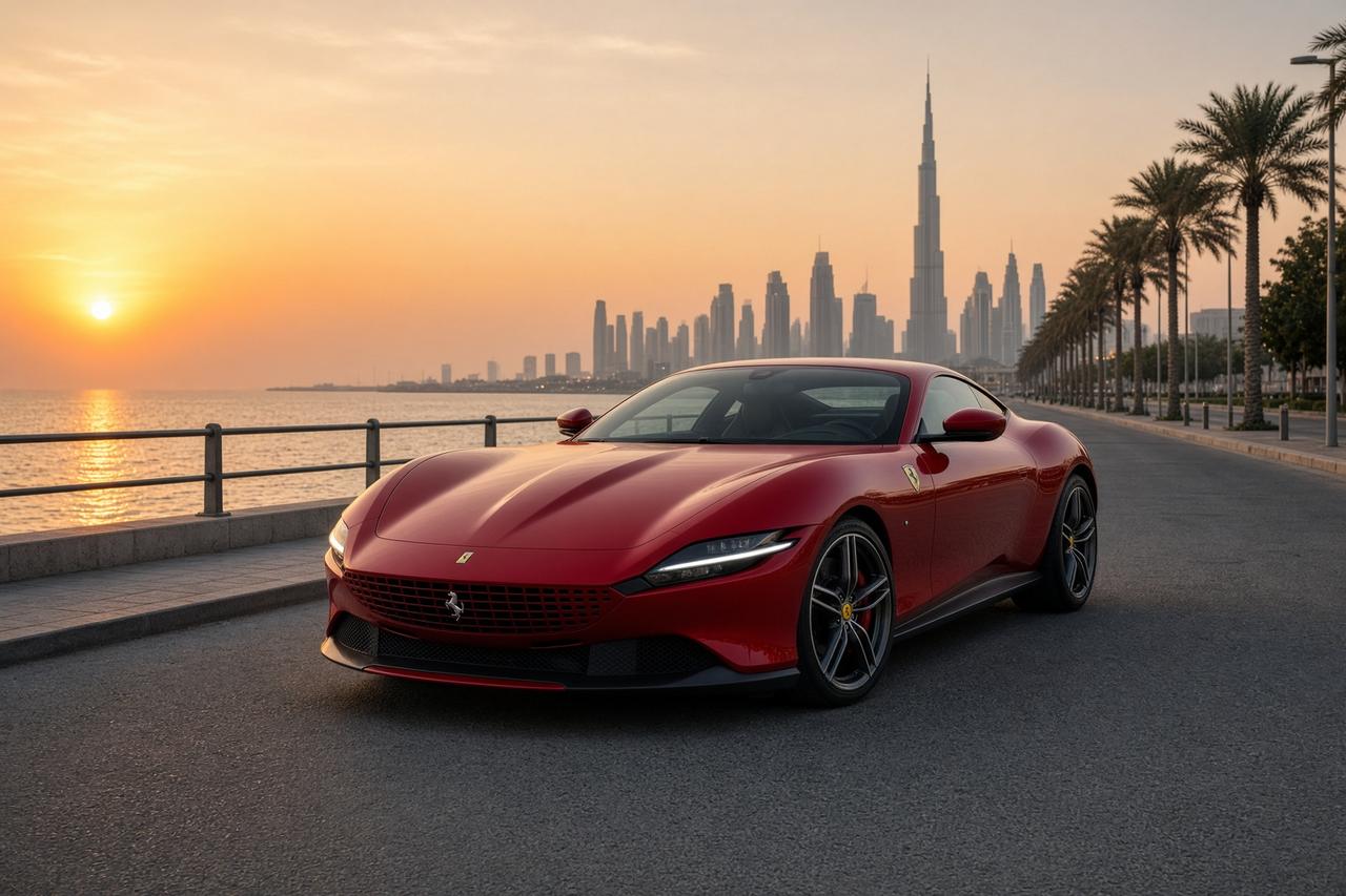 Red Ferrari Roma on the Dubai corniche