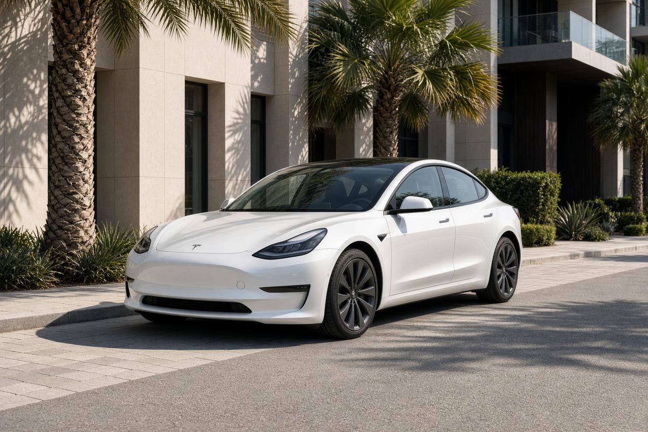 White Tesla Model 3 on a palm-lined street