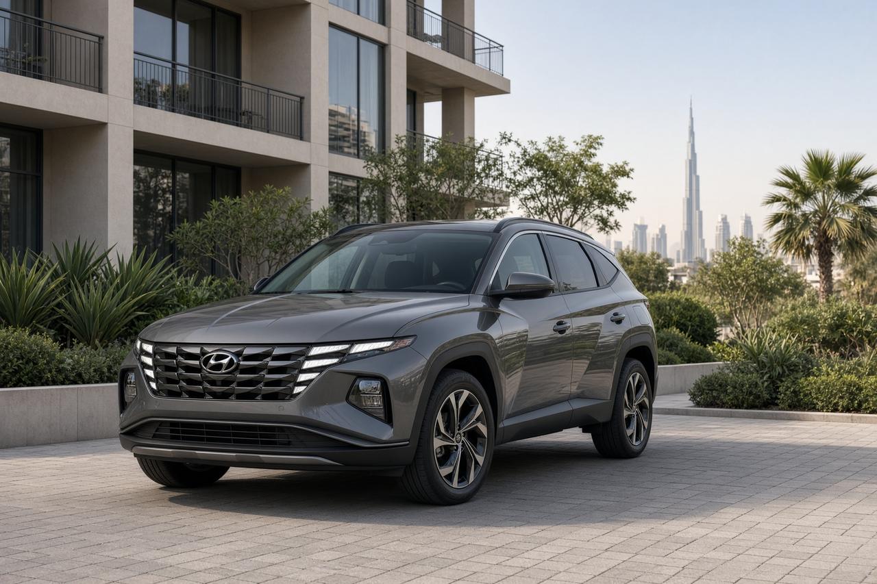 Grey Hyundai Tucson beside an apartment garden